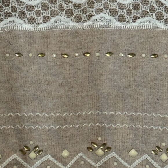 Alfred Dunner Blouse Womens L Tan White Scoop Neck Lace Embellished Long Sleeve - Picture 4 of 15